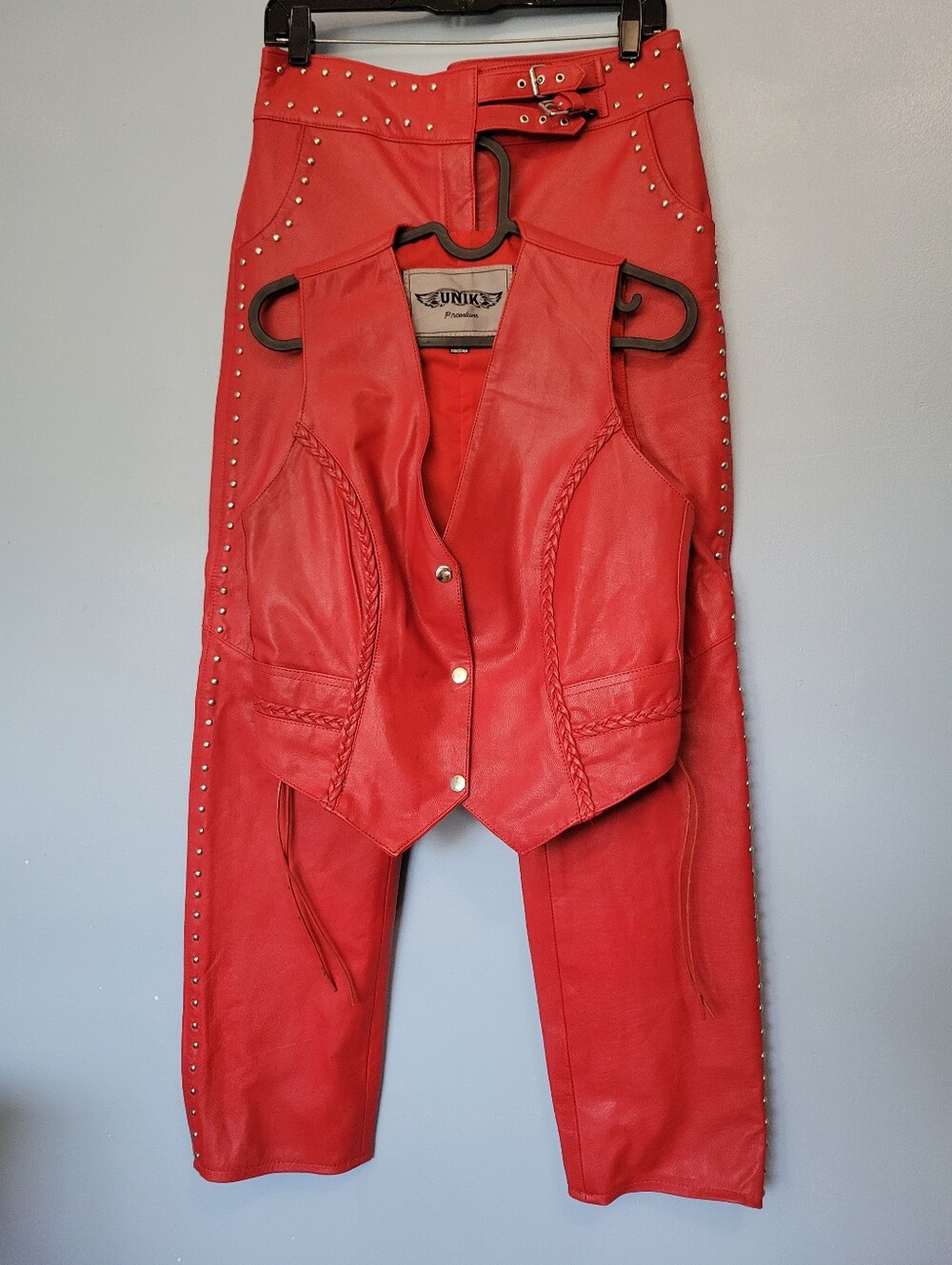 UNIK Womens Red Leather Moto Pant Vest Set Size Small